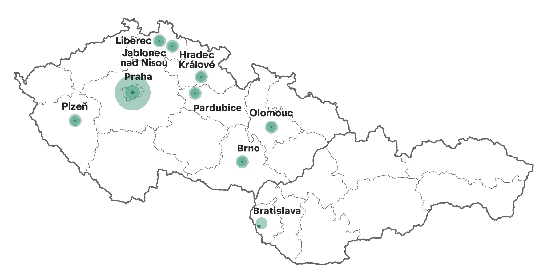 Mapa pokrytí služby pronájmu bez starostí