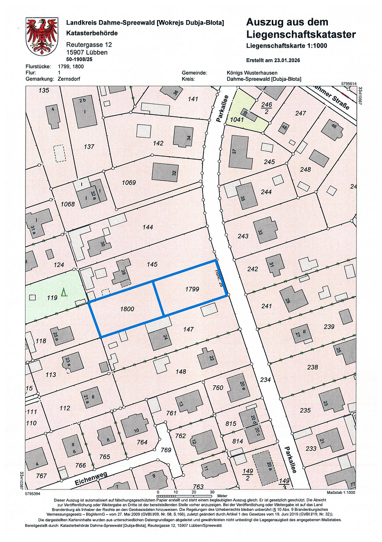 Prodej pozemku 736 m², Parkallee 26, Königs Wusterhausen, Braniborsko Prodej pozemku 736 m², Parkallee 26, Königs Wusterhausen, Braniborsko