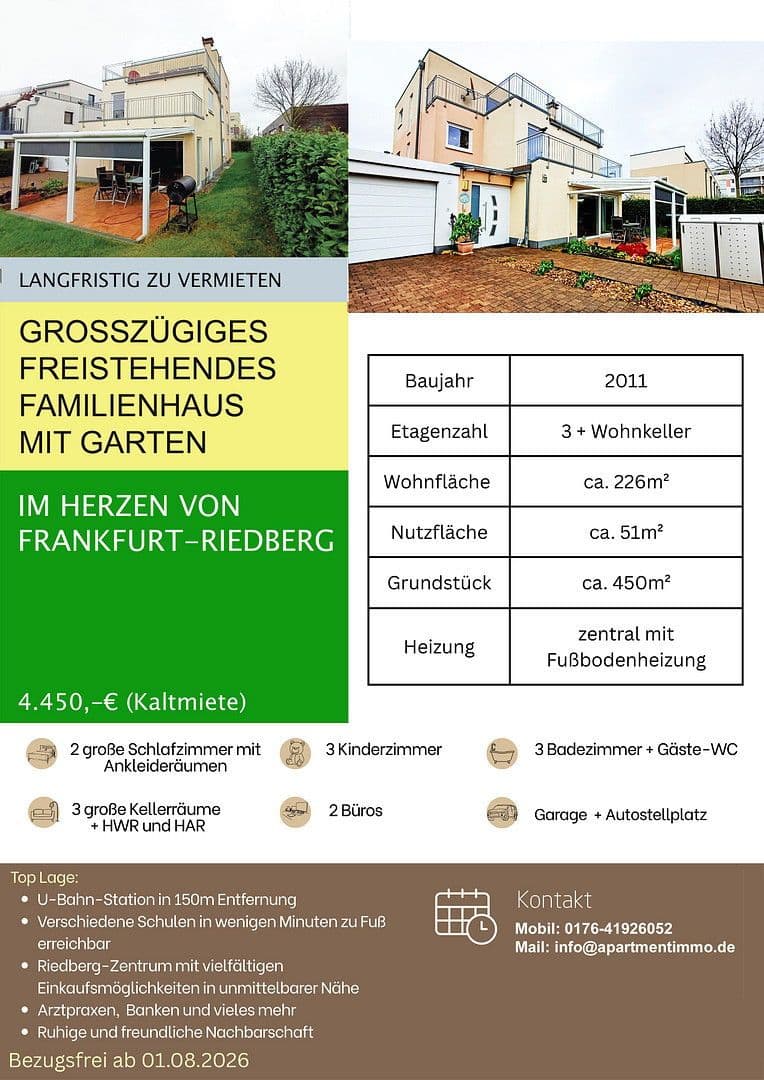 Pronájem domu 226 m², pozemek 450 m², Ottilie Widermuth Weg 2, Frankfurt am Main, Hessen Pronájem domu 226 m², pozemek 450 m², Ottilie Widermuth Weg 2, Frankfurt am Main, Hessen