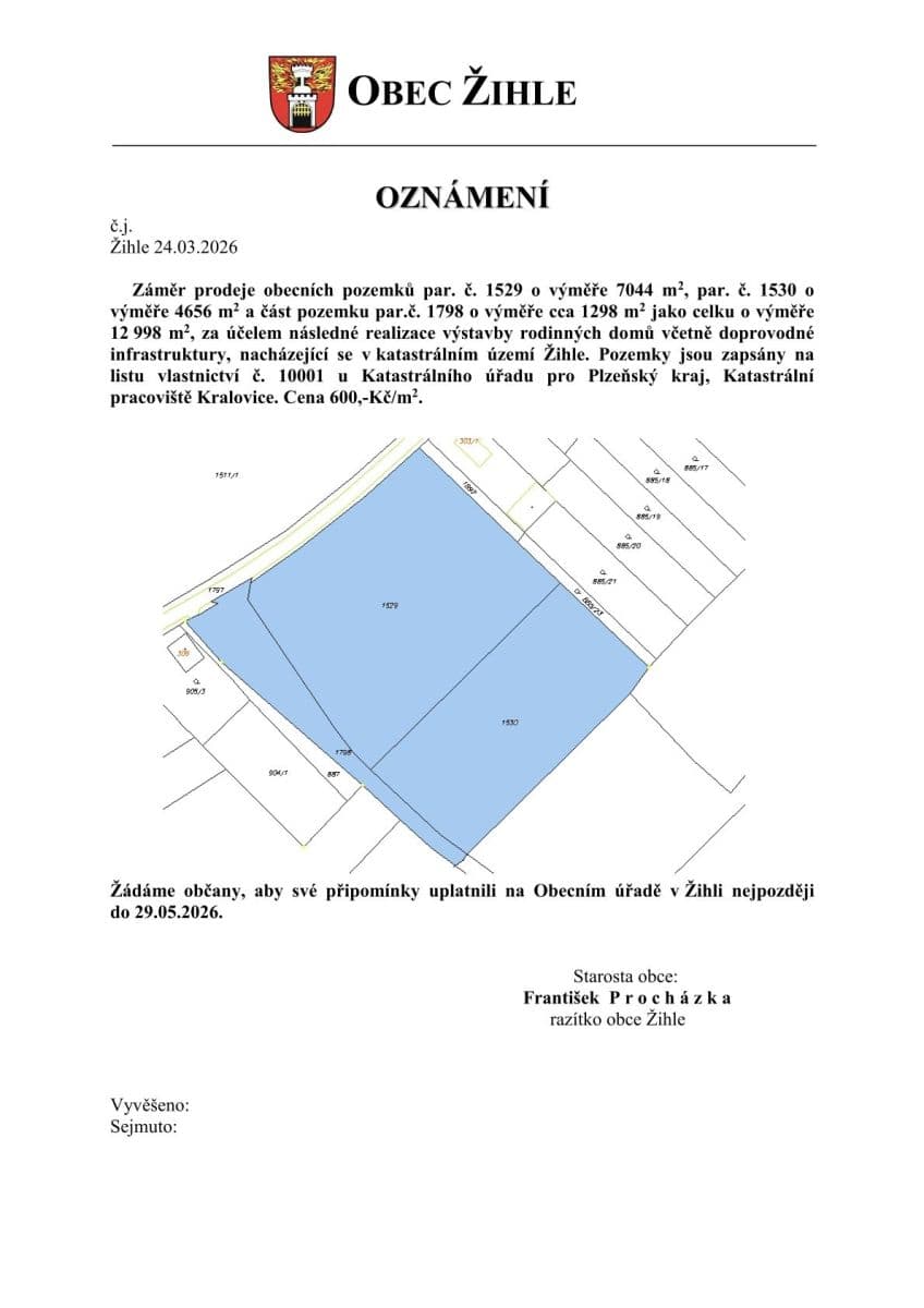 Prodej pozemku 12.998 m², Žihle, Plzeňský kraj Prodej pozemku 12.998 m², Žihle, Plzeňský kraj