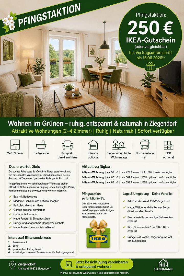 Pronájem bytu 4+1 69 m², Am Wald 5, Ziegendorf, Mecklenburg-Vorpommern Pronájem bytu 4+1 69 m², Am Wald 5, Ziegendorf, Mecklenburg-Vorpommern
