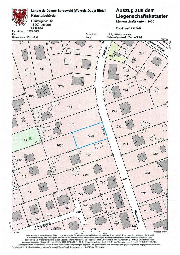 Prodej pozemku 736 m², Parkallee 26, Königs Wusterhausen, Braniborsko Prodej pozemku 736 m², Parkallee 26, Königs Wusterhausen, Braniborsko