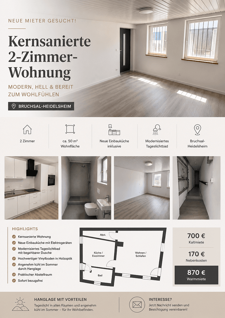 Pronájem bytu 2+1 53 m², Bruchsal, Bádensko-Württembersko Pronájem bytu 2+1 53 m², Bruchsal, Bádensko-Württembersko