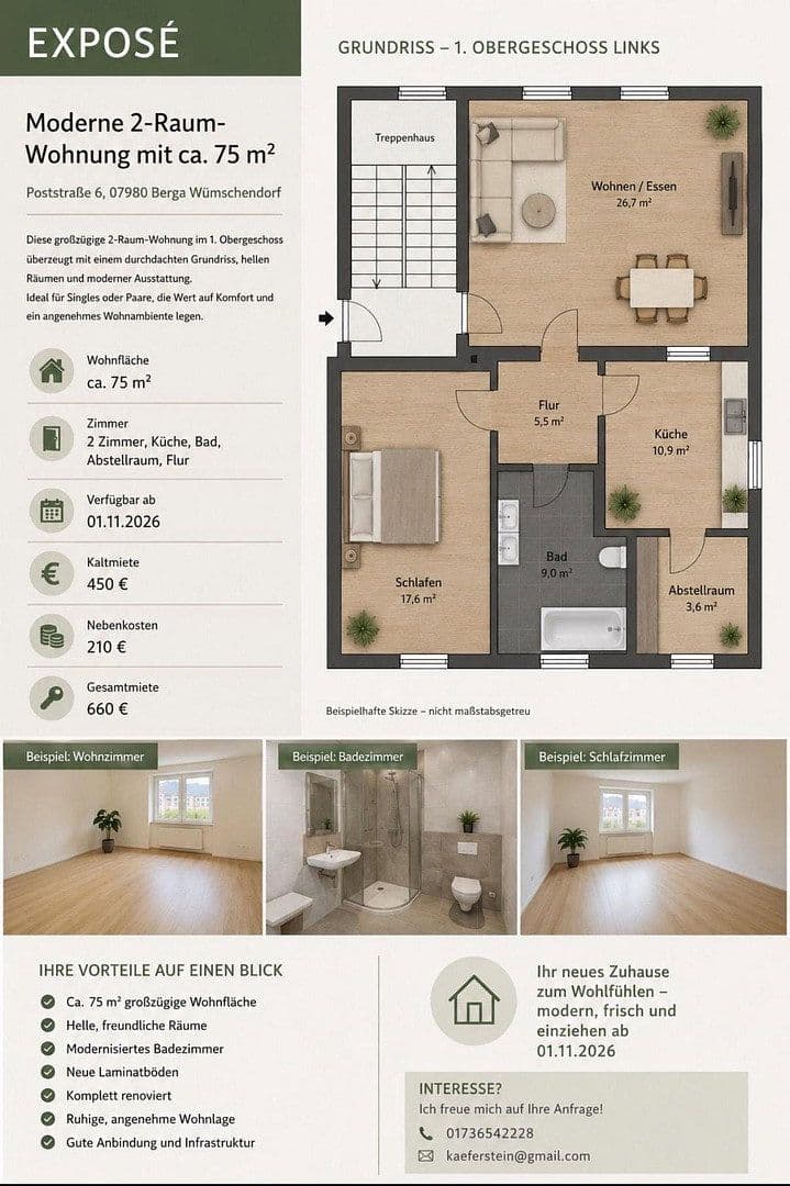 Pronájem bytu 3+1 75 m², Poststraße 6, Berga-Wünschendorf, Durynsko Pronájem bytu 3+1 75 m², Poststraße 6, Berga-Wünschendorf, Durynsko