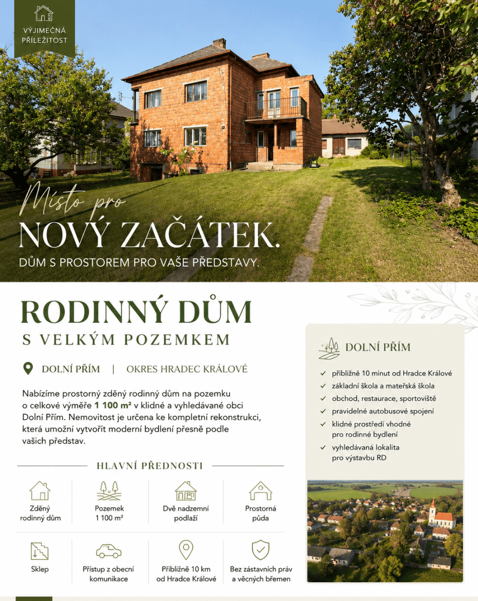 Prodej domu 220 m², pozemek 1.100 m², Dolní Přím, Královéhradecký kraj Prodej domu 220 m², pozemek 1.100 m², Dolní Přím, Královéhradecký kraj