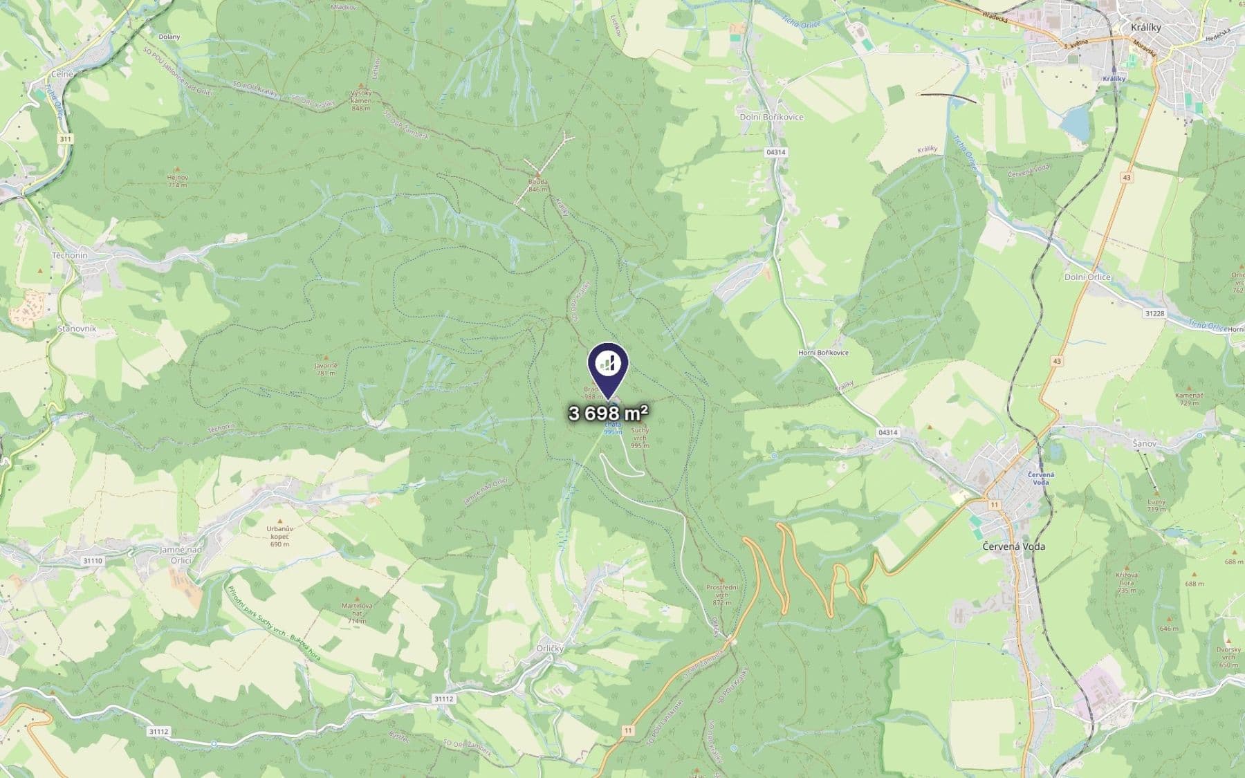 Prodej pozemku 3.698 m², Orličky, Pardubický kraj Prodej pozemku 3.698 m², Orličky, Pardubický kraj