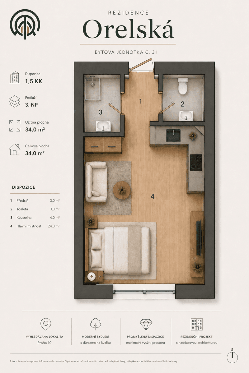 Prodej bytu 1+kk 34 m², Orelská, Praha, Praha Prodej bytu 1+kk 34 m², Orelská, Praha, Praha