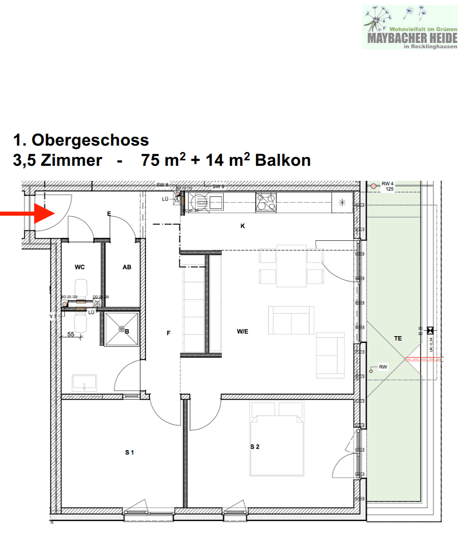 Pronájem bytu 3+kk 75 m², Maybachstr. 45, Recklinghausen, Severní Porýní-Vestfálsko Pronájem bytu 3+kk 75 m², Maybachstr. 45, Recklinghausen, Severní Porýní-Vestfálsko