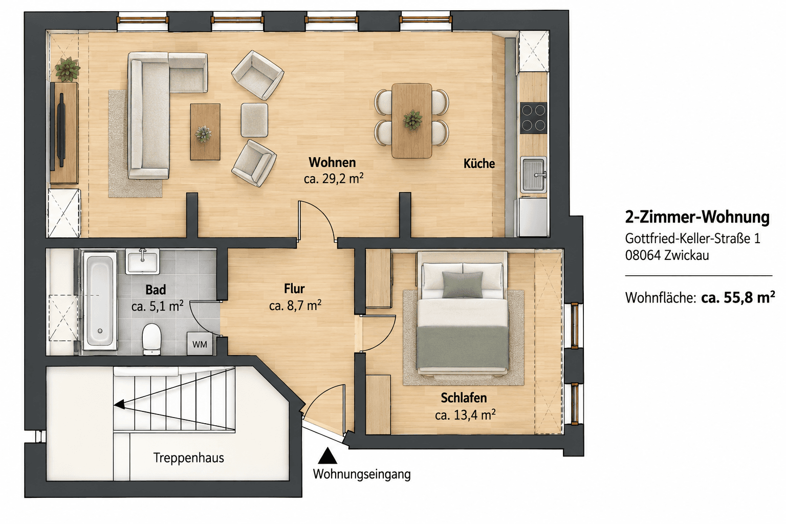 Pronájem bytu 2+1 56 m², Gottfried-Keller-Straße 1, Cvikov, Sasko Pronájem bytu 2+1 56 m², Gottfried-Keller-Straße 1, Cvikov, Sasko