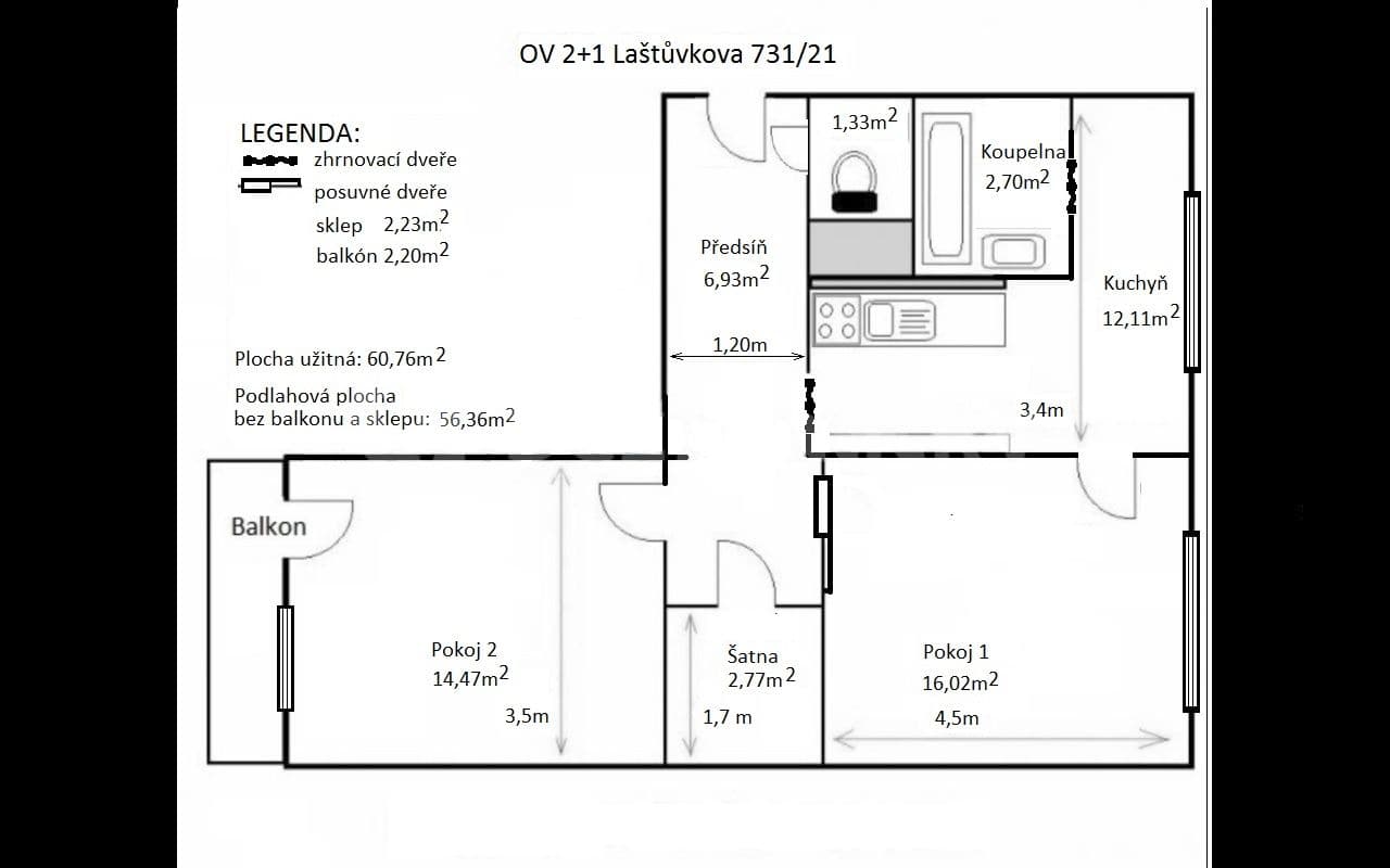 Pronájem bytu 2+1 61 m², Laštůvkova, Brno, Jihomoravský kraj Pronájem bytu 2+1 61 m², Laštůvkova, Brno, Jihomoravský kraj