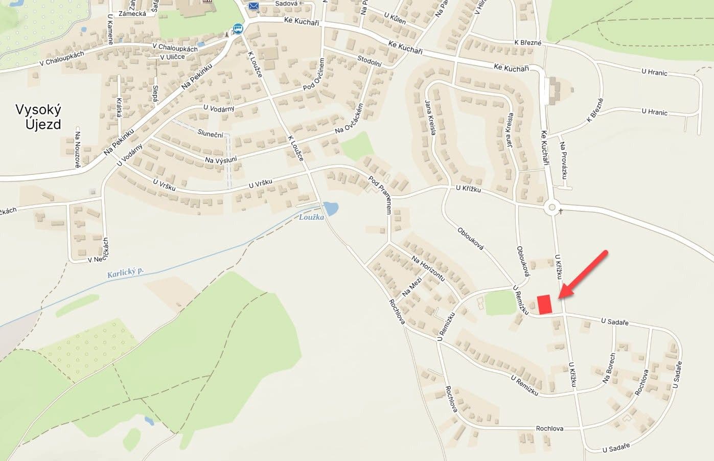 Prodej pozemku 910 m², U Remízku, Vysoký Újezd, Středočeský kraj Prodej pozemku 910 m², U Remízku, Vysoký Újezd, Středočeský kraj