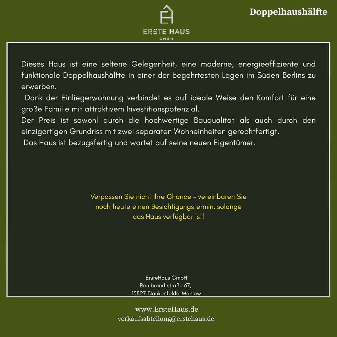 Prodej domu 170 m², pozemek 508 m², Rembrandtstraße 67, Blankenfelde-Mahlow, Braniborsko Prodej domu 170 m², pozemek 508 m², Rembrandtstraße 67, Blankenfelde-Mahlow, Braniborsko