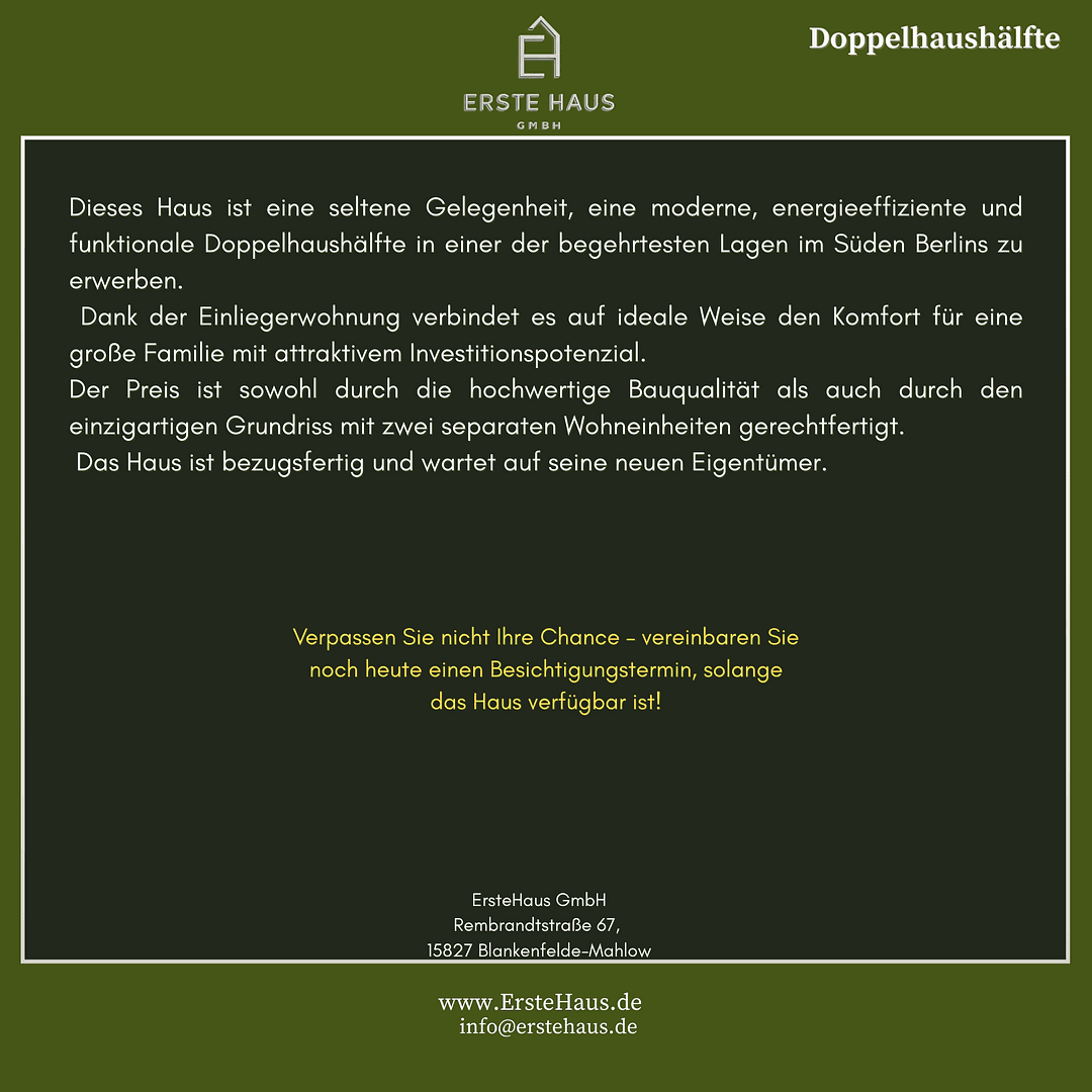 Prodej domu 170 m², pozemek 508 m², Rembrandtstraße 67, Blankenfelde-Mahlow, Braniborsko Prodej domu 170 m², pozemek 508 m², Rembrandtstraße 67, Blankenfelde-Mahlow, Braniborsko