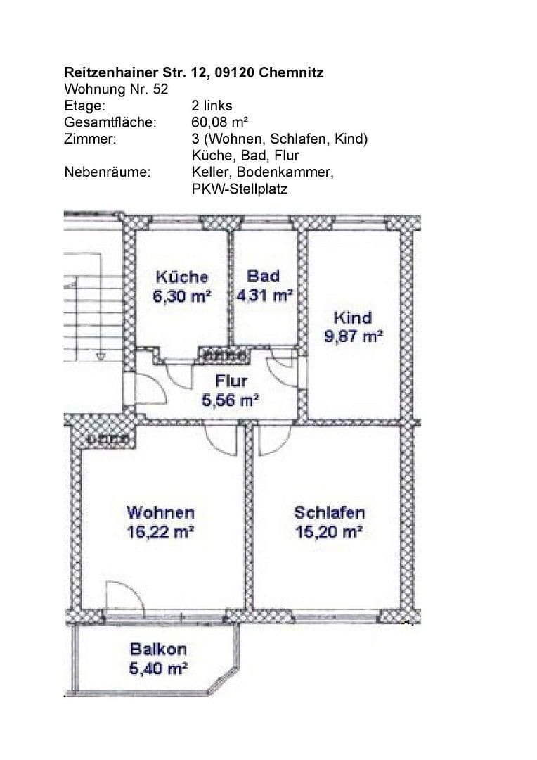 Pronájem bytu 3+1 61 m², Reitzenhainer Str. 12, Chemnitz, Sasko Pronájem bytu 3+1 61 m², Reitzenhainer Str. 12, Chemnitz, Sasko