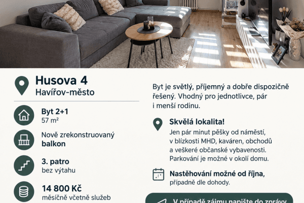 Pronájem bytu 2+1 57 m², Husova, SO POÚ Havířov Pronájem bytu 2+1 57 m², Husova, SO POÚ Havířov